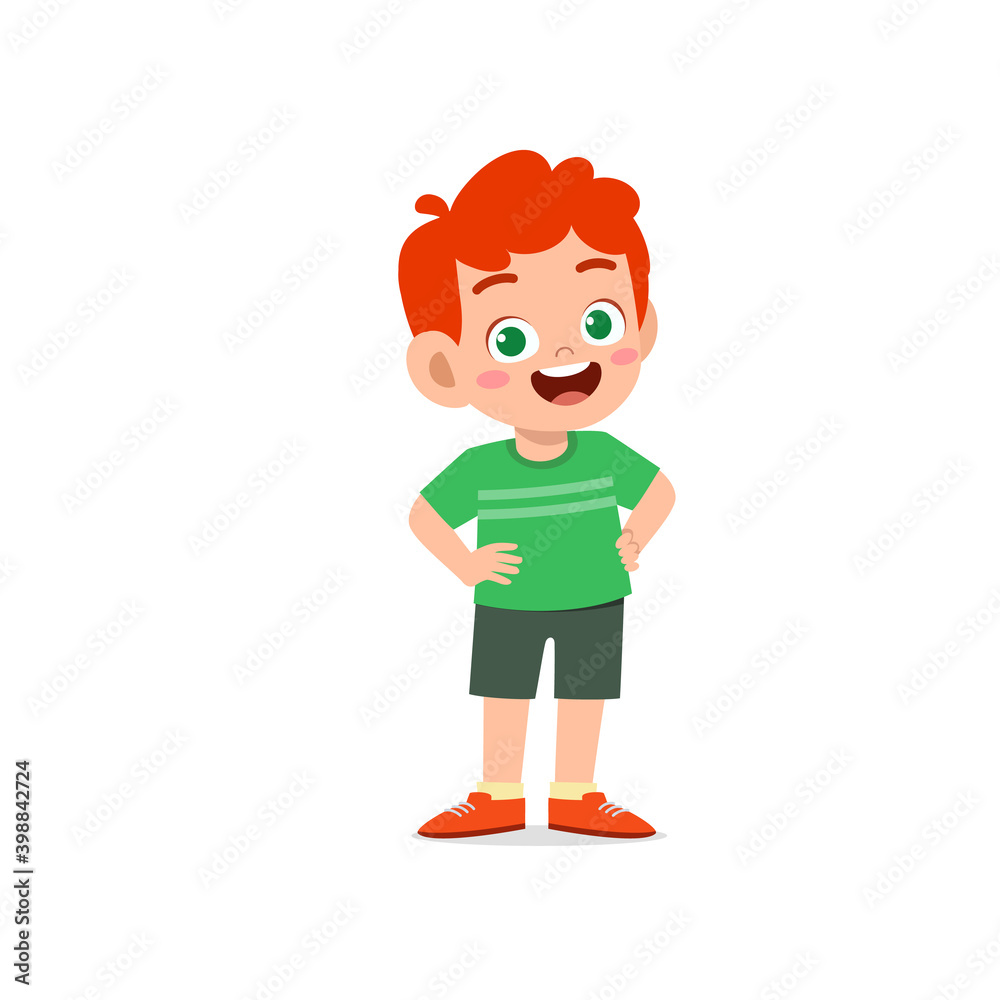 cute little kid boy stand smile with arm on hip pose expression