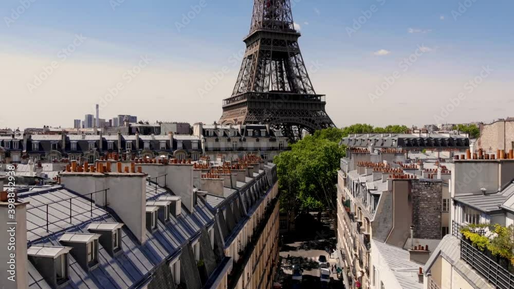 Paris, France. Close-up shot of the Eiffel tower on a drone from a height. Eiffel tower from a height.