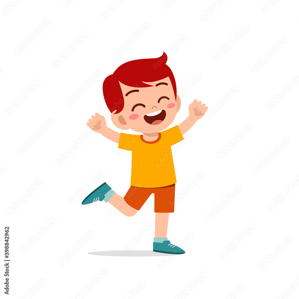 cute little kid boy stand happy celebrating pose expression