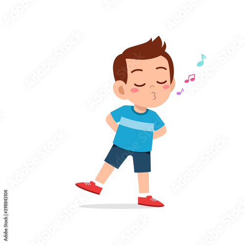 cute little kid boy stand and whistling with mouth