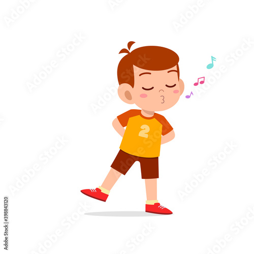 cute little kid boy stand and whistling with mouth