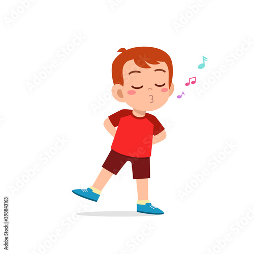 cute little kid boy stand and whistling with mouth