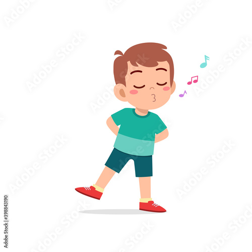 cute little kid boy stand and whistling with mouth