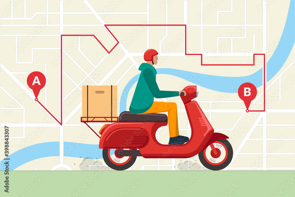Delivery young male courier riding scooter with package product box. Fast moped shipping service concept on city map navigation route GPS pins. Express goods or food logistic order vector illustration