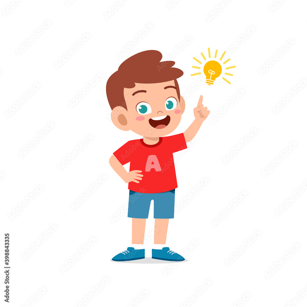 cute little kid boy show idea pose expression with light bulb sign cute little kid boy show idea pose expression with light bulb sign