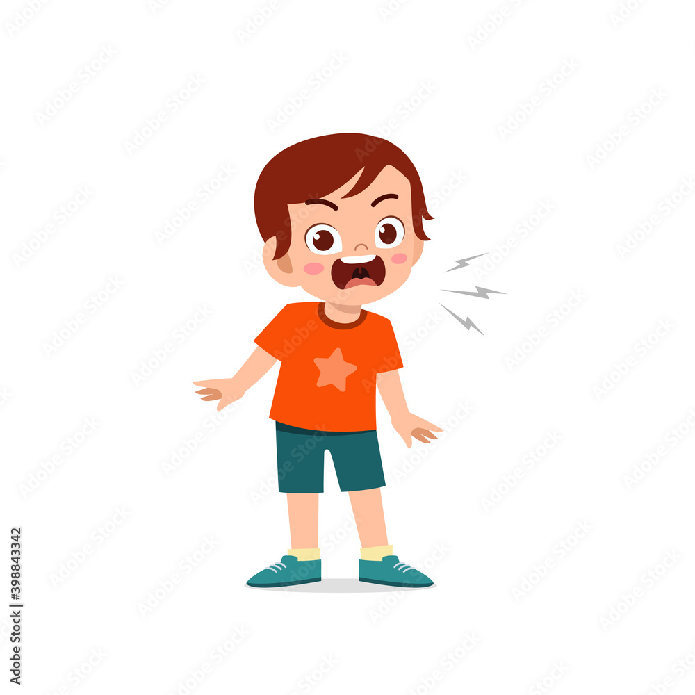 cute little kid boy stand and show angry pose expression