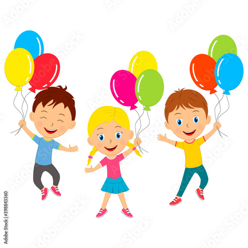 cute cartoon kids jump with balloons