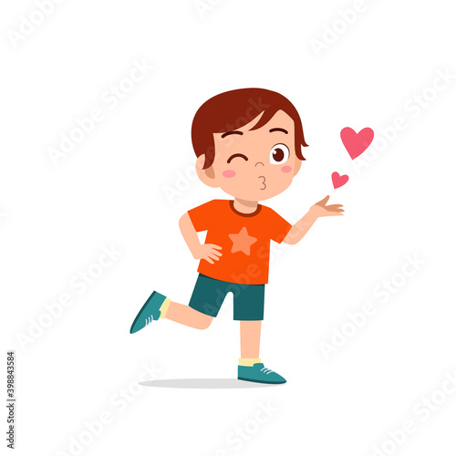 cute little kid boy show love and kiss pose expression