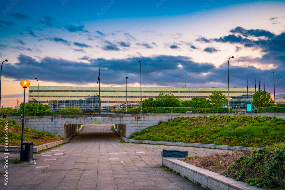 Station square in Milton Keynes at sunset, England