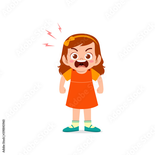 cute little kid girl stand and show angry pose expression