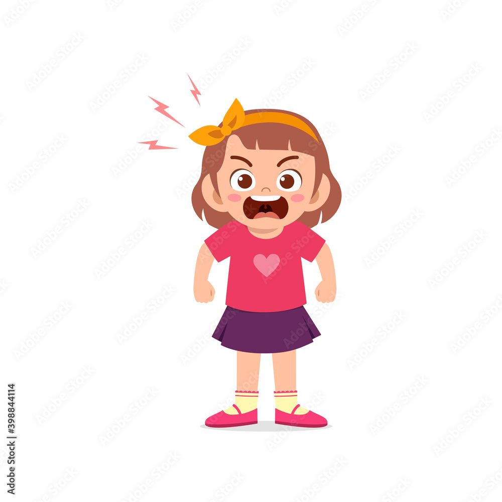 cute little kid girl stand and show angry pose expression