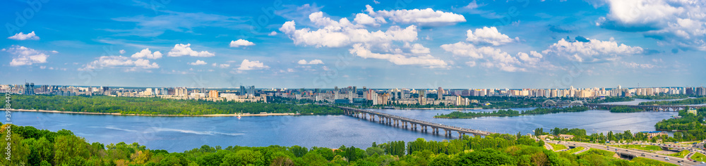Aerial panorama of Rusanivka and Berezniaky districts of Kiev, Ukraine