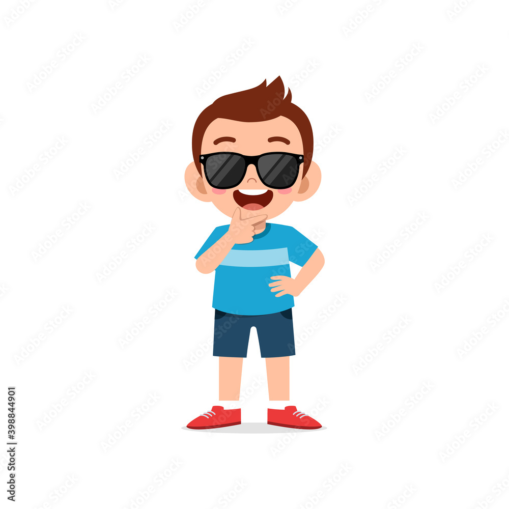 cute little kid boy show cool and wearing black glasses pose expression