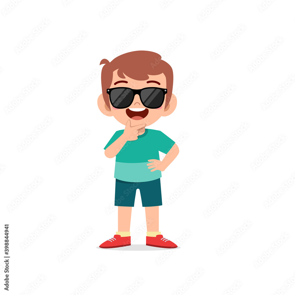cute little kid boy show cool and wearing black glasses pose expression