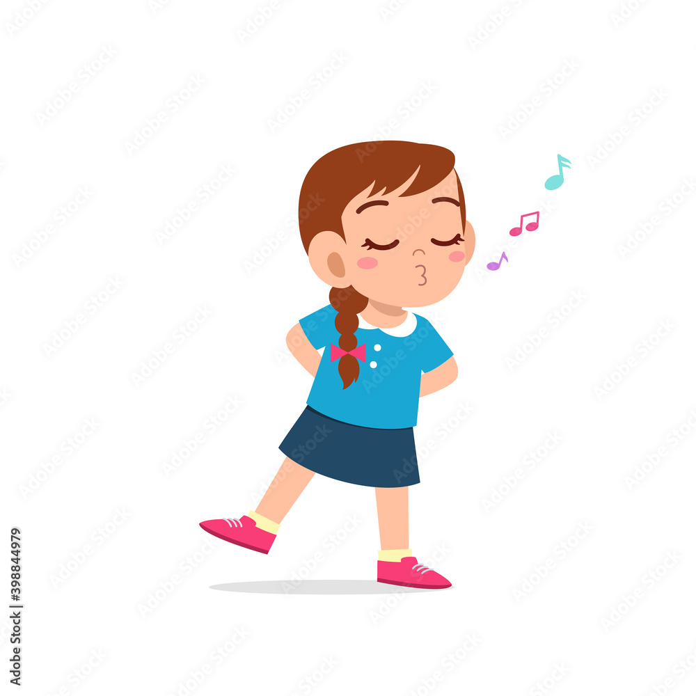 cute little kid girl stand and whistling with mouth