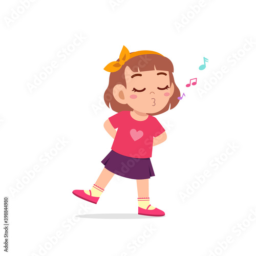 cute little kid girl stand and whistling with mouth