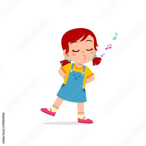 cute little kid girl stand and whistling with mouth