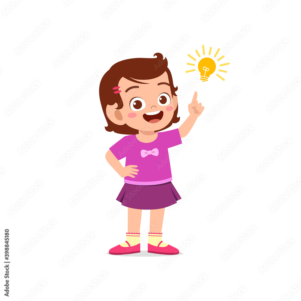 cute little kid girl show idea pose expression with light bulb sign cute little kid girl show idea pose expression with light bulb sign
