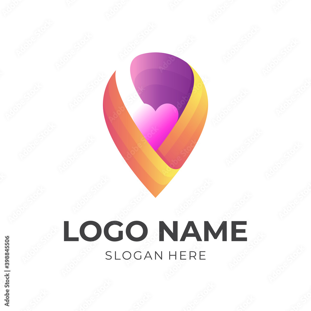 love pin logo, love and pin, combination logo with 3d colorful style love pin logo, love and pin, combination logo with 3d colorful style