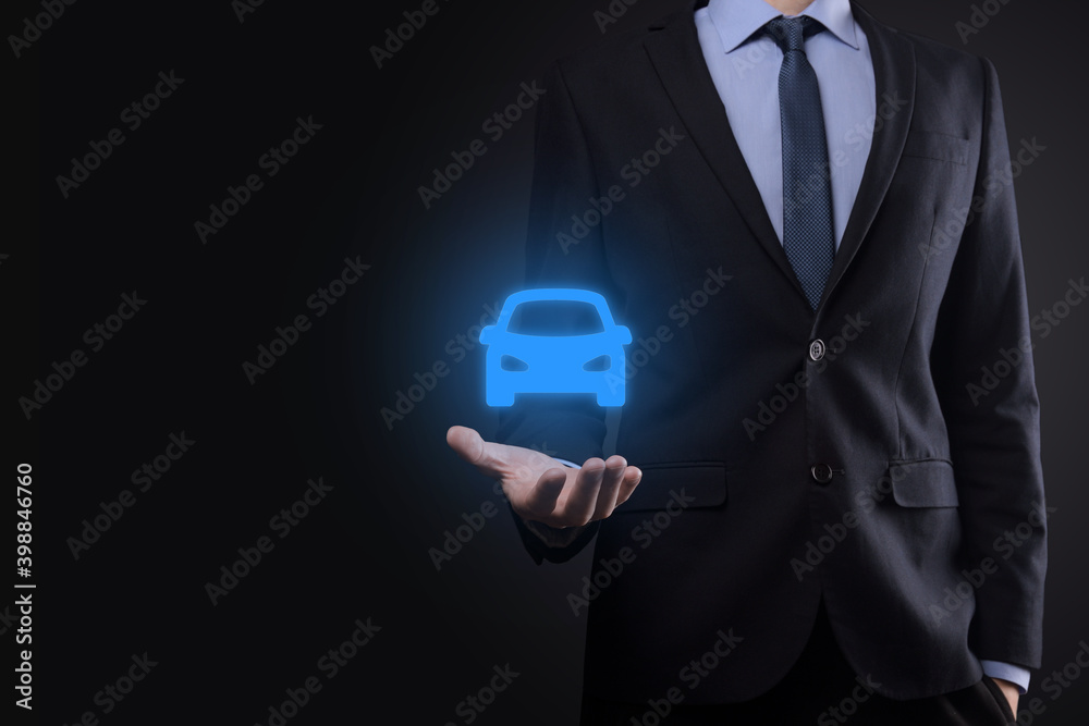 Digital composite of Man holding car icon.Car automobile insurance and car services concept. Businessman with offering gesture and icon of car. Digital composite of Man holding car icon.Car automobile insurance and car services concept. Businessman with offering gesture and icon of car.