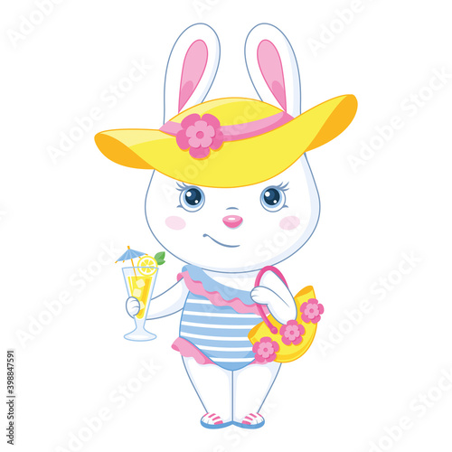 White bunny in beachwear with a drink