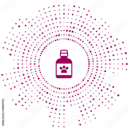 Purple Dog medicine bottle icon isolated on white background. Container with pills. Prescription medicine for animal. Abstract circle random dots. Vector.