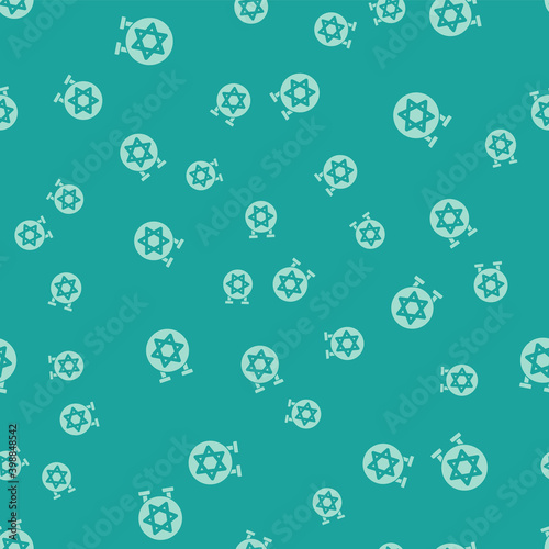 Green Jewish synagogue building or jewish temple icon isolated seamless pattern on green background. Hebrew or judaism construction with David star. Vector.