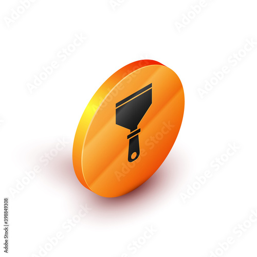 Isometric Putty knife icon isolated on white background. Spatula repair tool. Spackling or paint instruments. Orange circle button. Vector.
