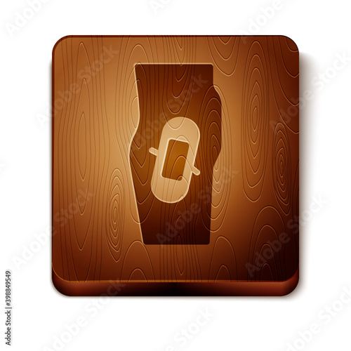 Brown Plaster on leg icon isolated on white background. Wooden square button. Vector.