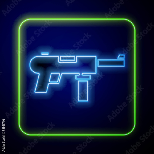 Glowing neon Submachine gun M3, Grease gun icon isolated on blue background. Vector.