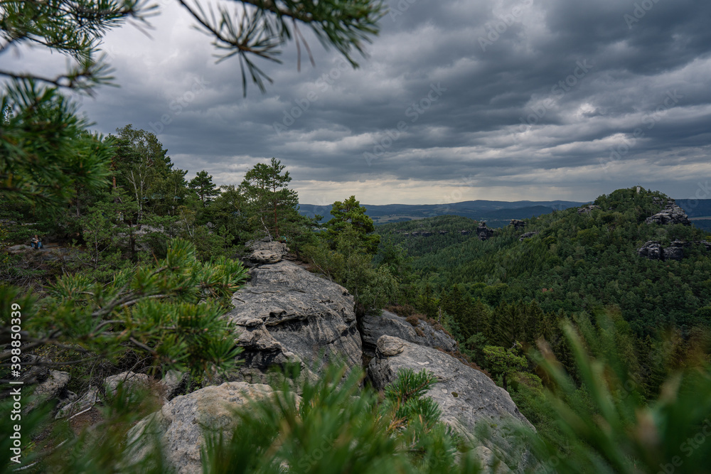 Waldlandschaft und Nadelbäume im Elbsandsteingebirge - Sächsische Schweiz – nahe Dresden mit Sandsteinen im Vordergrund und dunklen Wolken am bewölkten Himmel