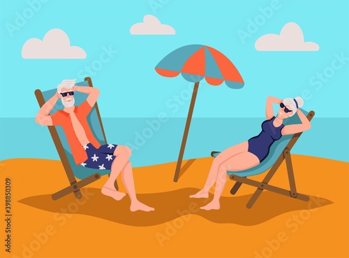 Elderly couple sunbathing on the beach.The concept of active old age. Day of the elderly. Flat cartoon vector illustration. © Natalia