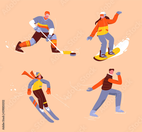 Winter sports set of isolated persons