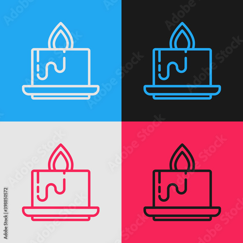 Pop art line Aroma candle icon isolated on color background. Vector.