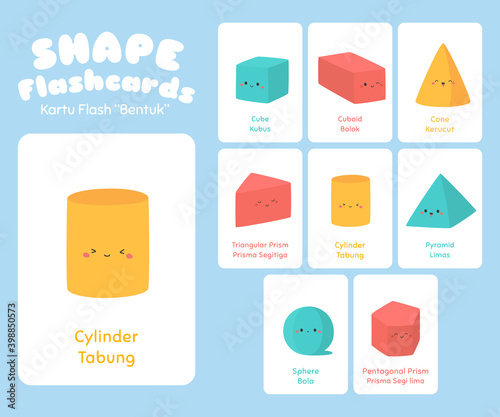Geometric shape bilingual flashcards vector set. Cute 3D shape educational flashcards for kids.

