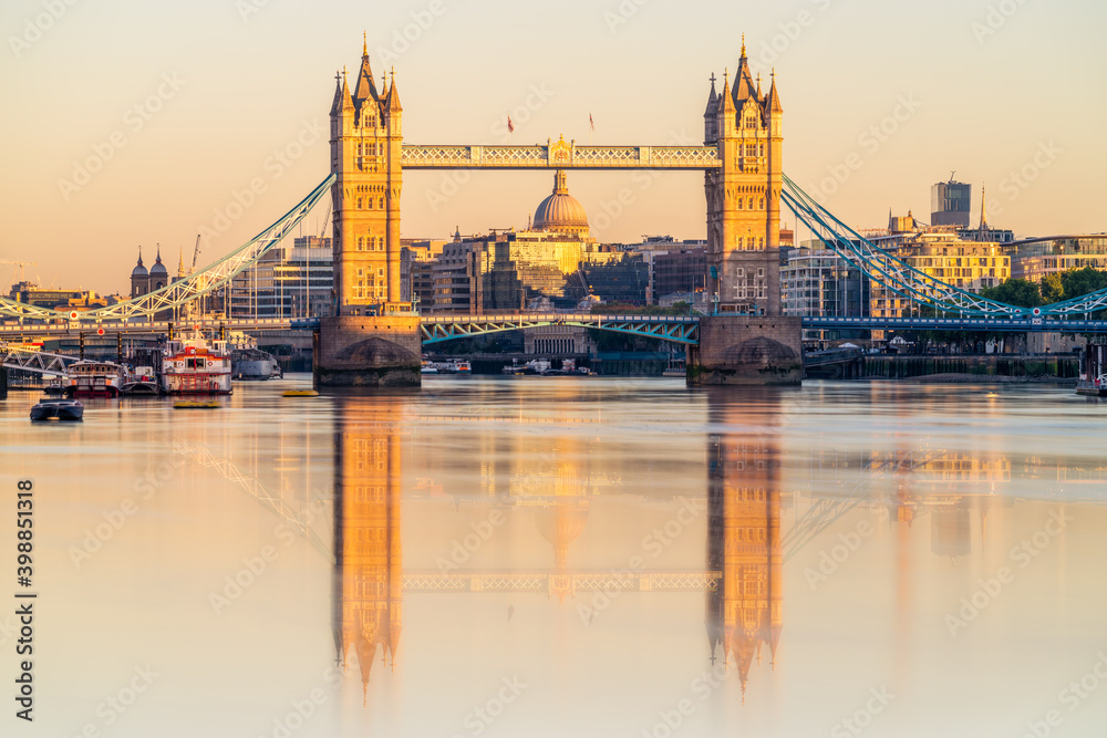 Tower Bridge front view in morning sunlight in London. England