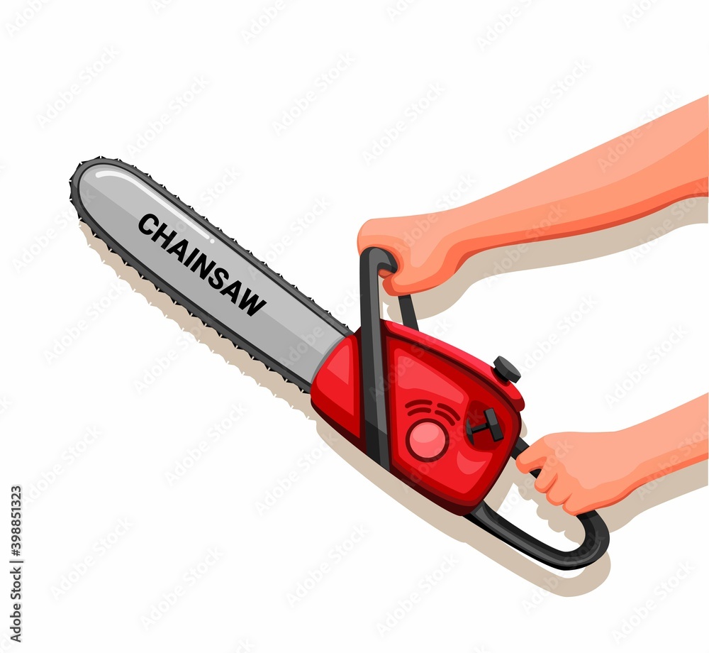 Hand holding a Chainsaw symbol concept in cartoon illustration vector on white background