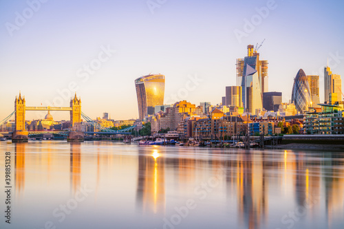 Tower Bridge and the bank district of central London in morning light