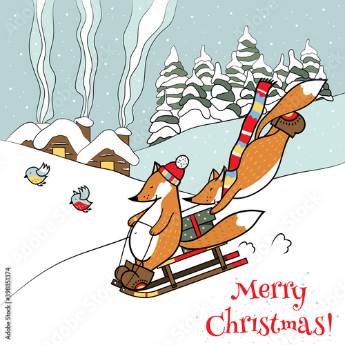 Merry Christmas card with foxes on the sledge and birds. In the background there are houses, forest and snow.