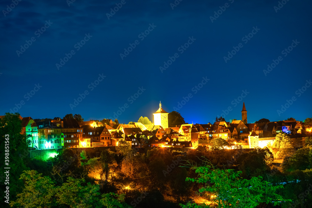 Skyline panorama of Rothenburg ob der Tauber at night. Germany