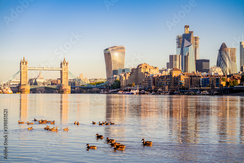 Photography Tower Bridge and financial district of London in morning light
