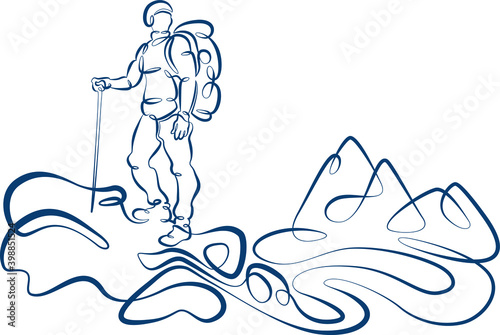 Young male tourist climber athlete with a backpack climbs the rock into the mountains. One line continuous thick bold single drawn art doodle isolated hand drawn outline logo illustration.