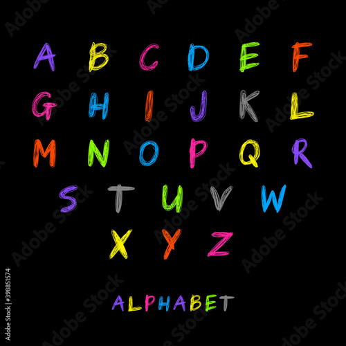 English alphabet. Difference colors uppercase letters isolated on black background. Funny cartoon hand drawn pencil font. Stock vector illustration for cute style banners