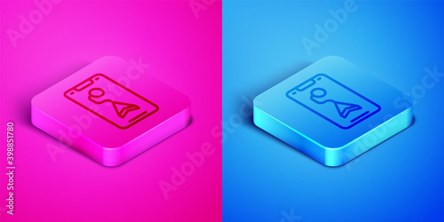 Isometric line Infographic of city map navigation icon isolated on pink and blue background. Mobile App Interface concept design. Geolacation concept. Square button. Vector.