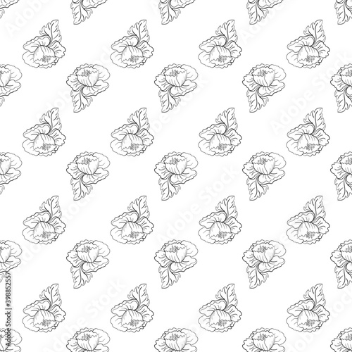 Seamless pattern with black flowers and leaves on a white background. Suitable for fabric, wrapping paper, wallpaper, bags, clothes, dishes, cases on smartphones and tablets, wallets. 