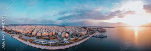 Thessaloniki drone panoramic view of the city and waterfront paralia, Greece photo