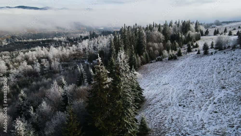 Winter forest of frost on the trees. Aerial view of frozen forest with snow-covered trees in winter. Flight over the winter forest in Finland, top view. Winter forest of frost on the trees. Aerial view of frozen forest with snow-covered trees in winter. Flight over the winter forest in Finland, top view.
