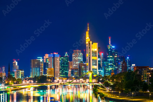 Colourful illuminated city centre of Frankfurt. Germany  