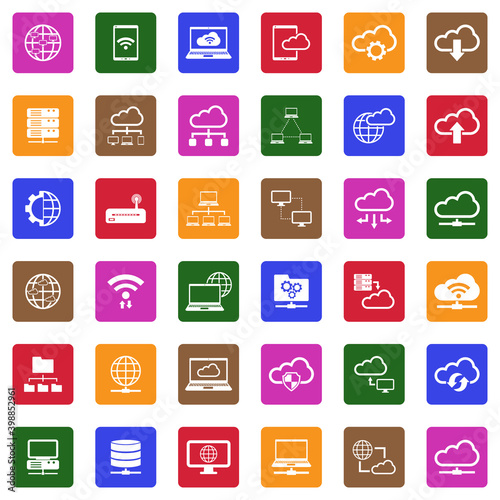 Network Cloud Icons. White Flat Design In Square. Vector Illustration.