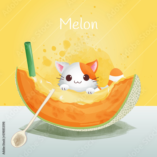 The character of a cute cat is clinging to the melon. Drink melon juice, watermelon style, watercolor style Premium Vector